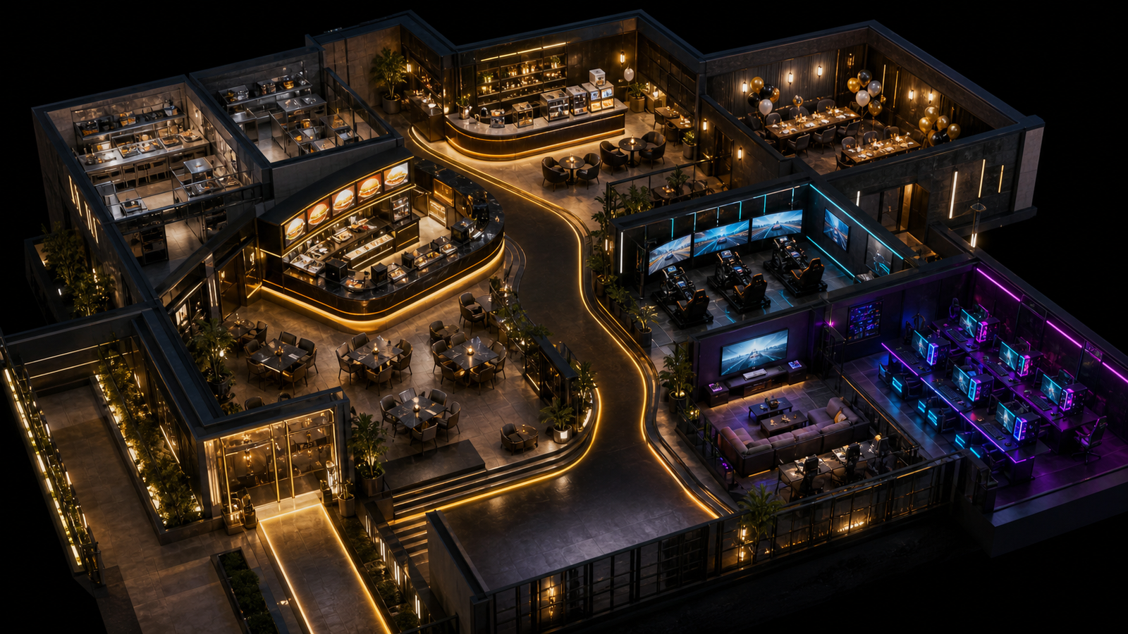 Top-down view of PLAYPLATE's food and gaming lounge